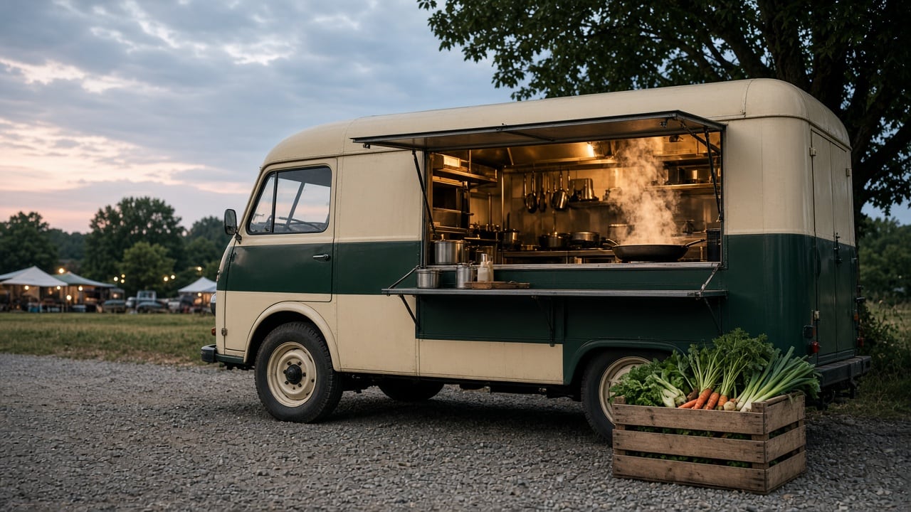 Foodtruck auf einem Freigelände mit Zelten im Hintergrund